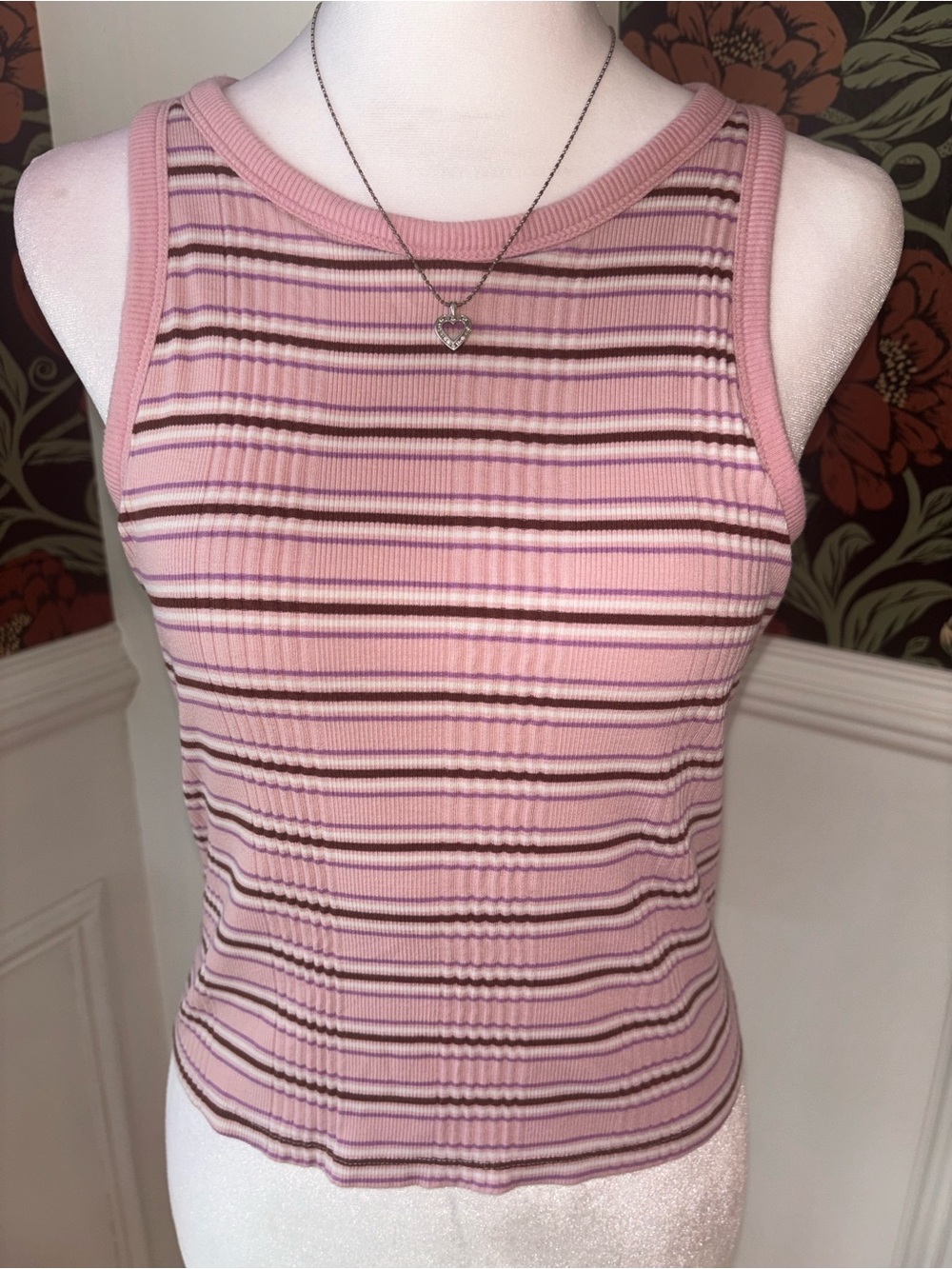 PINK Striped Ribbed Tank Top Built-In Bra Y2K Preppy - Picture 6 of 10
